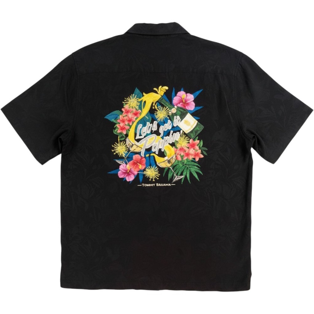 NEW Tommy Bahama Camp Shirt Mens Small Black Silk Embroidered Lets Get It Poppin